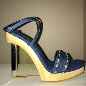 Denim Sandal Lucite Clear Wedge High Heel Wood 8.5